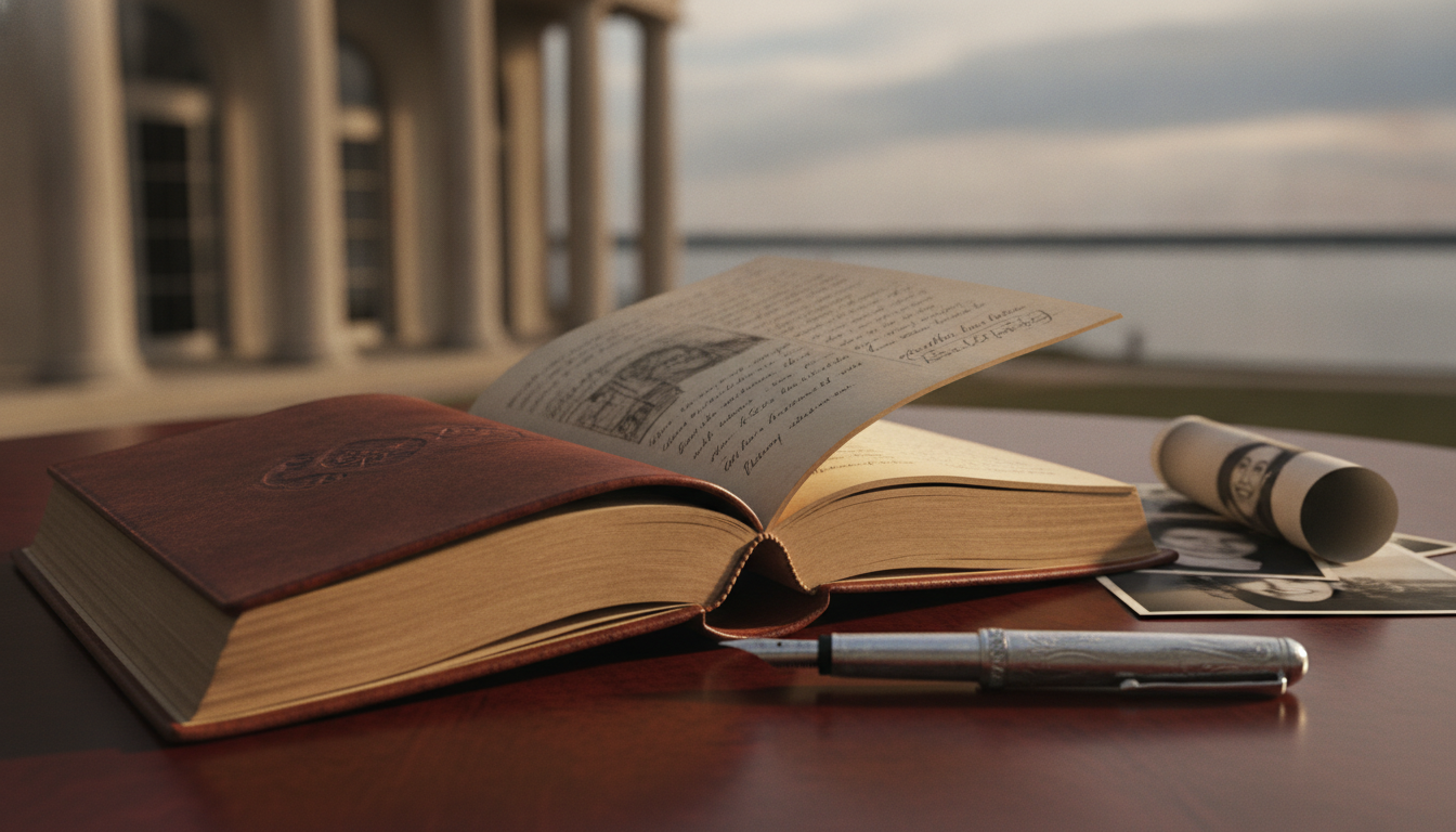 A weathered leather-bound journal and vintage fountain pen representing legacy and memories